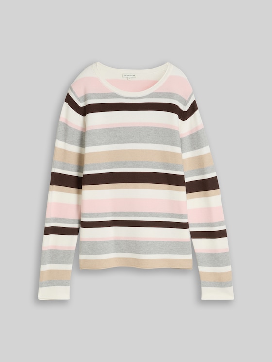 Cotton knitted jumper - pink beige grey stripe