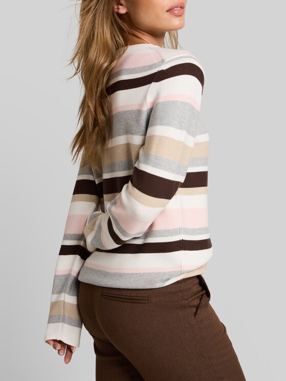 Cotton knitted jumper - pink beige grey stripe