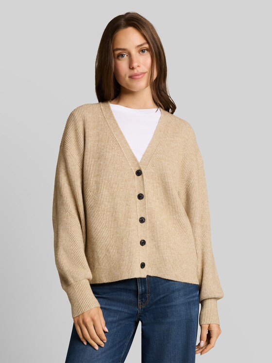 Oversized cardigan with a V-neck - gravel beige melange