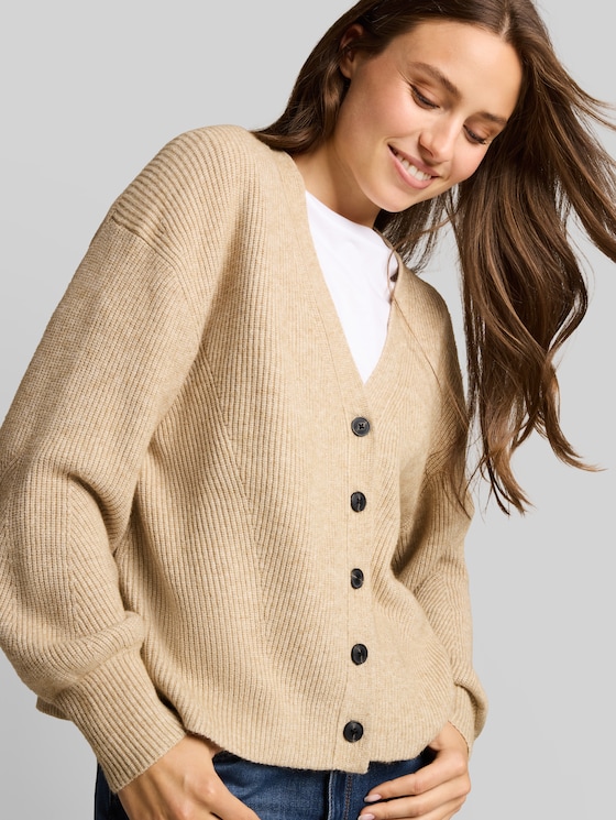 Oversized cardigan with a V-neck - gravel beige melange