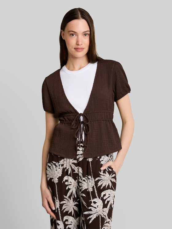 Crinkle bolero blouse with bows - cool dark brown