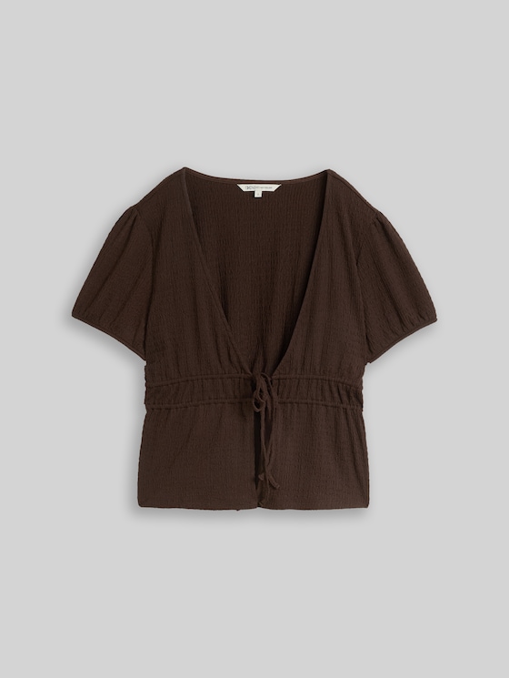 Crinkle bolero blouse with bows - cool dark brown