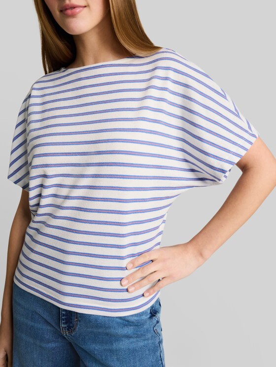 Loose-fit T-shirt with a striped pattern - white blue coral stripe