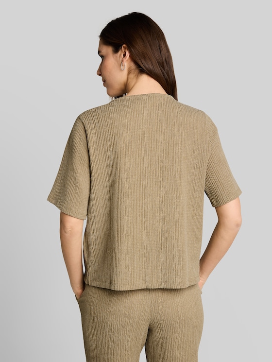 Crinkle T-shirt with V-neck - olive white structure