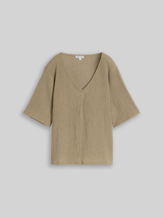 Crinkle T-shirt with V-neck - olive white structure