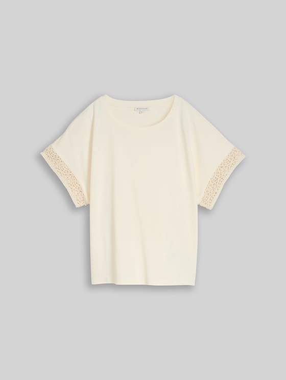 Loose-fit T-shirt with crochet sleeves - Dove White
