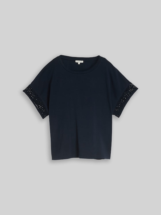 Loose-fit T-shirt with crochet sleeves - sky captain blue