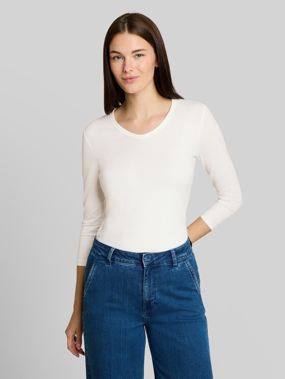 Basic long-sleeved top with a V-neck - Whisper White