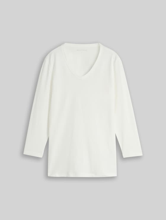 Basic long-sleeved top with a V-neck - Whisper White