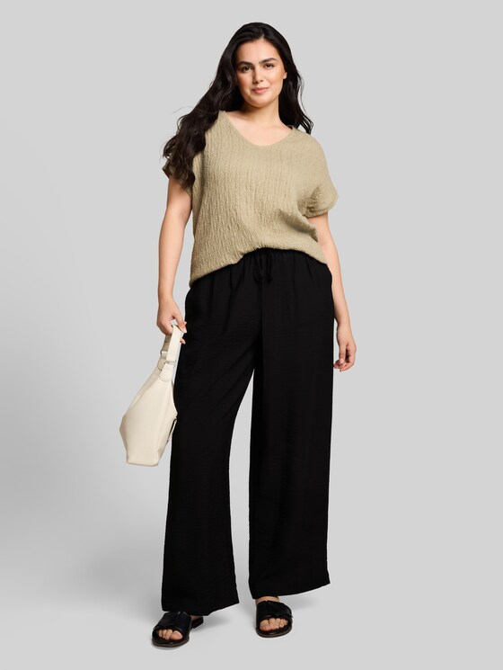 Plus Size - Loose wide-leg trousers with drawstring - deep black