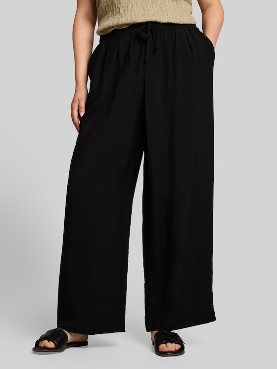 Plus Size - Loose wide-leg trousers with drawstring - deep black