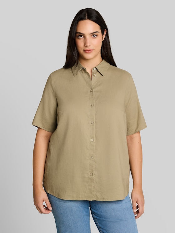 Plus Size - Loose-fit blouse with linen blend - Silver Olive