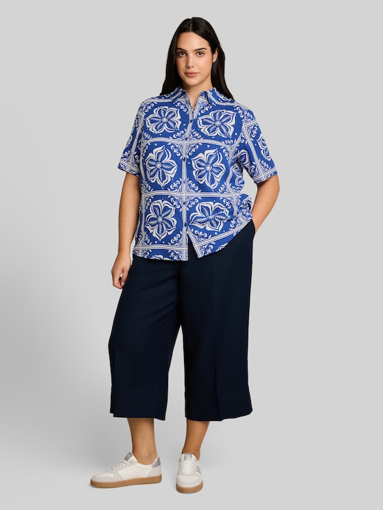 Plus Size - Loose-fit blouse with linen blend - blue flower tile design