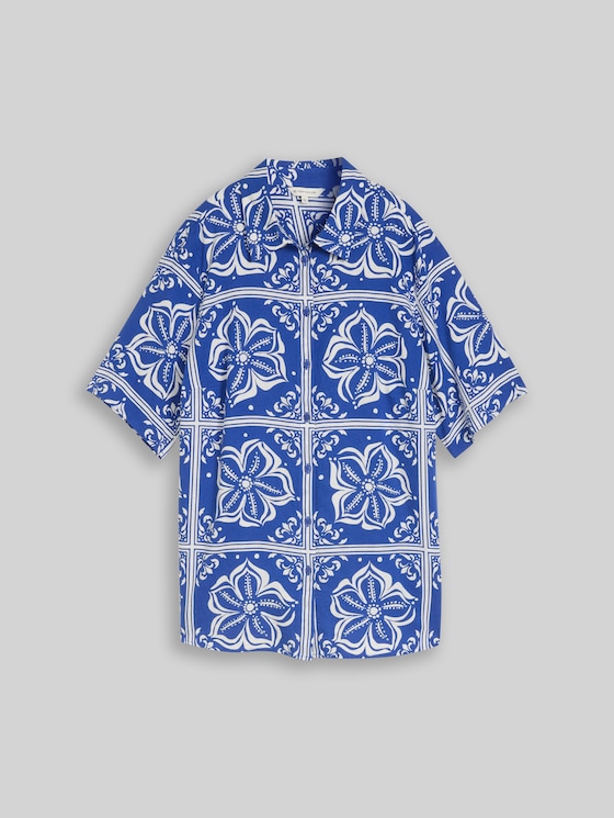 Plus Size - Loose-fit blouse with linen blend - blue flower tile design