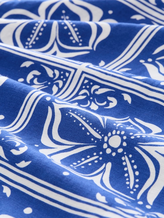 Plus Size - Dress with linen blend - blue flower tile design