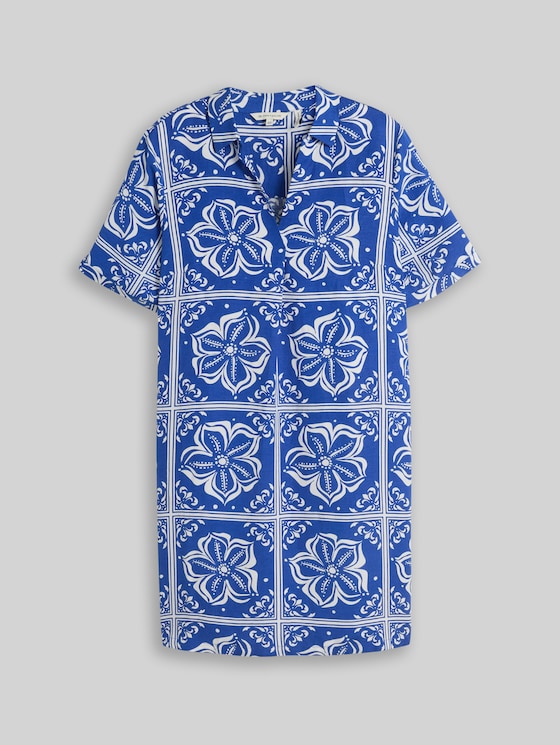 Plus Size - Dress with linen blend - blue flower tile design