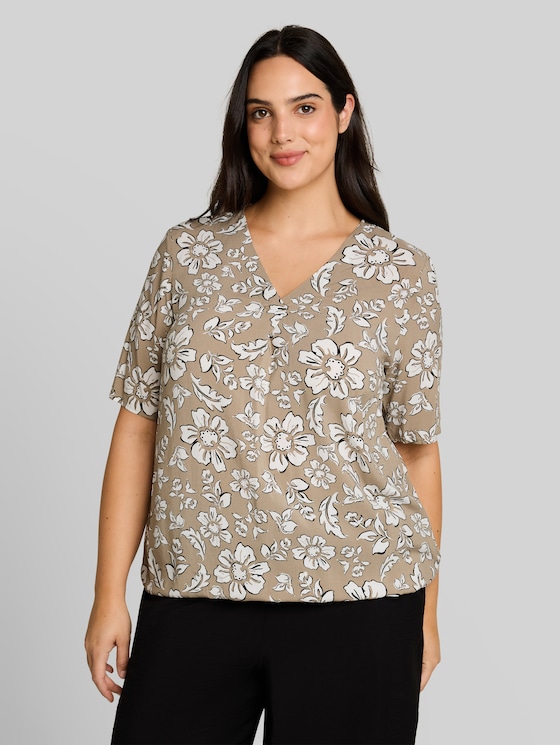 Plus Size - viscose blouse - olive big flower design