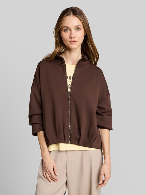 Loose-fit scuba sweatshirt jacket with stand-up collar - cool dark brown