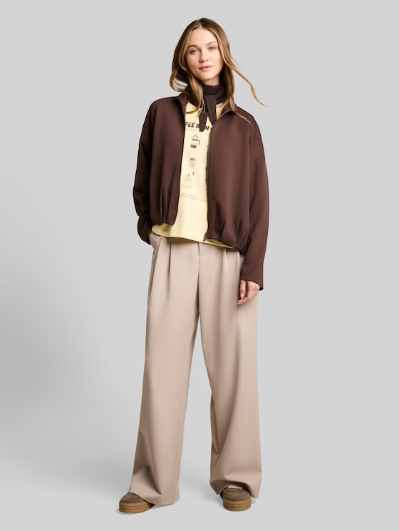 Loose-fit scuba sweatshirt jacket with stand-up collar - cool dark brown