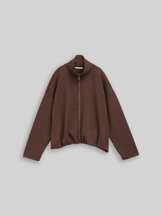 Loose-fit scuba sweatshirt jacket with stand-up collar - cool dark brown