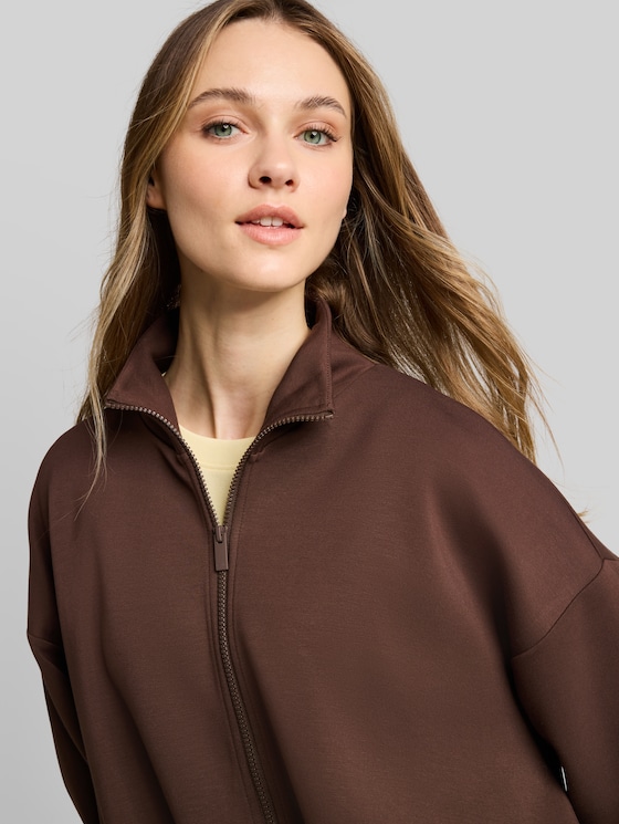 Loose-fit scuba sweatshirt jacket with stand-up collar - cool dark brown