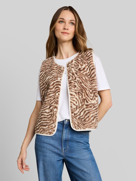 Patterned teddy vest - brown beige zebra print