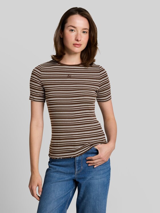 Slim fit T-shirt with embroidery - brown white irregular stripe