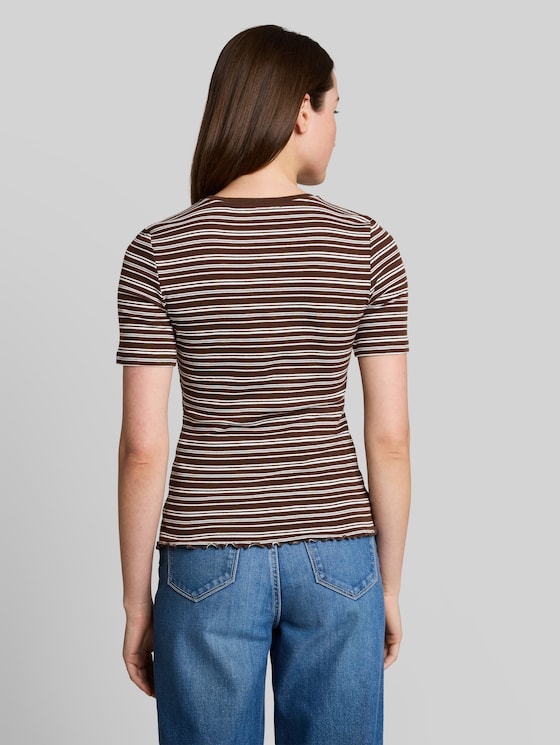 Slim fit T-shirt with embroidery - brown white irregular stripe