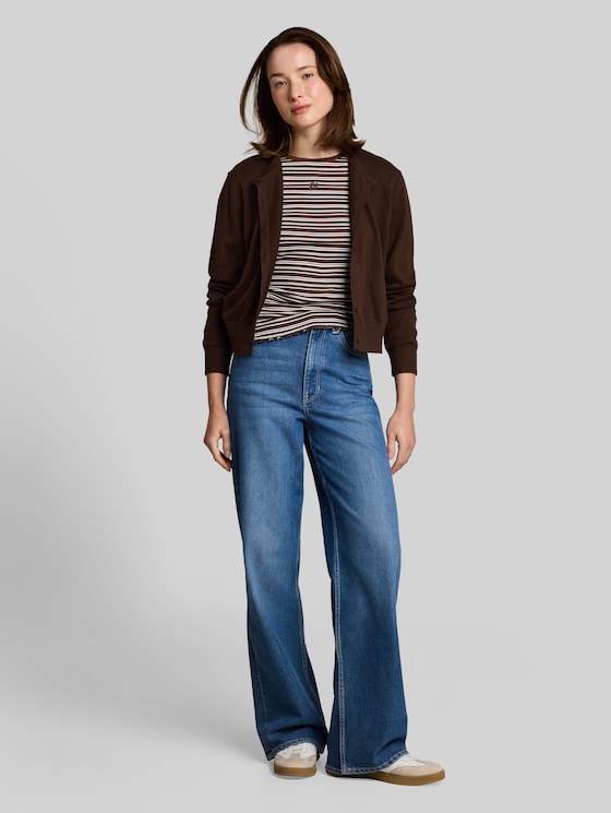 Slim fit T-shirt with embroidery - brown white irregular stripe