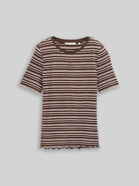 Slim fit T-shirt with embroidery - brown white irregular stripe