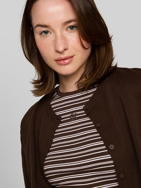 Slim fit T-shirt with embroidery - brown white irregular stripe