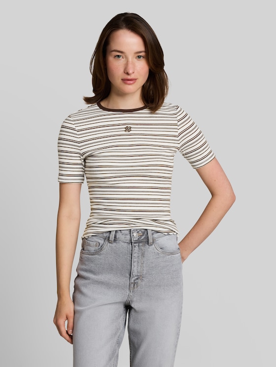 Slim fit T-shirt with embroidery - white brown irregular stripe