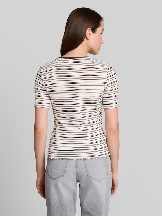 Slim fit T-shirt with embroidery - white brown irregular stripe