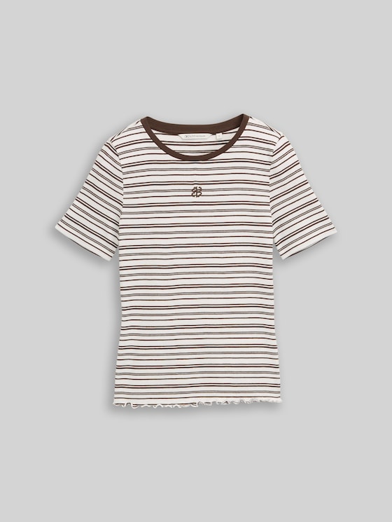 Slim fit T-shirt with embroidery - white brown irregular stripe