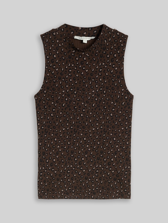 Slim-fit top with stand-up collar - brown black leo print