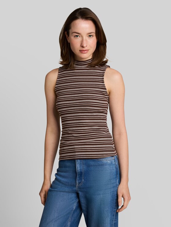 Slim-fit top with stand-up collar - brown white stripe