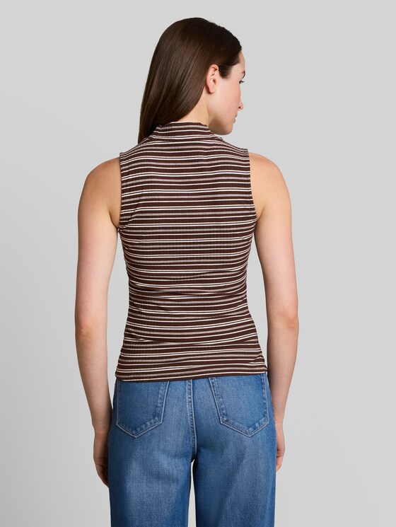 Slim-fit top with stand-up collar - brown white stripe