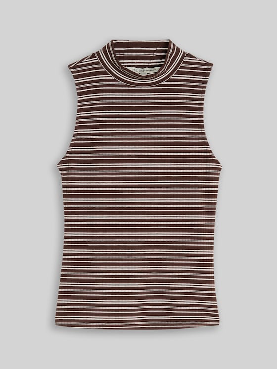 Slim-fit top with stand-up collar - brown white stripe