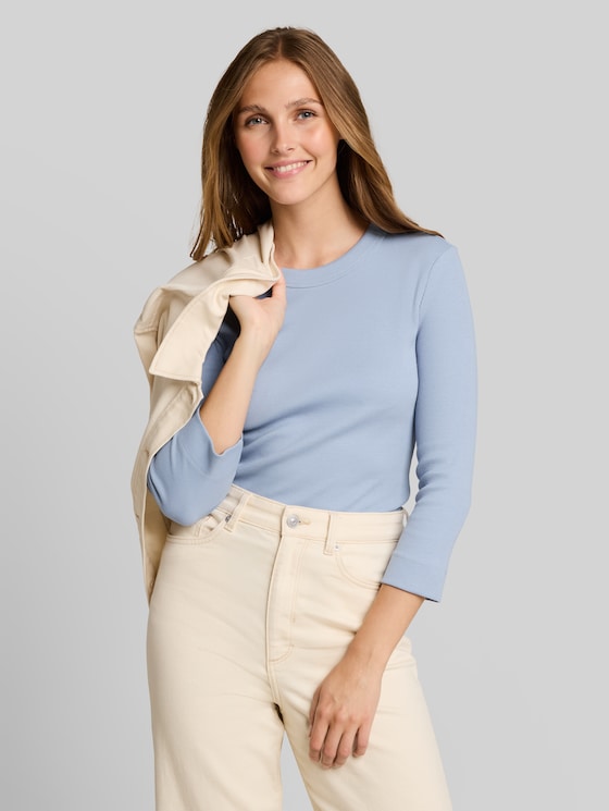 Slim-fit long-sleeved top with ribbed texture - foggy sky blue