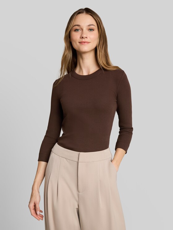 Slim-fit long-sleeved top with ribbed texture - cool dark brown