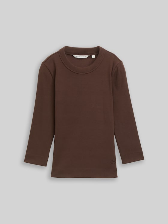 Slim-fit long-sleeved top with ribbed texture - cool dark brown