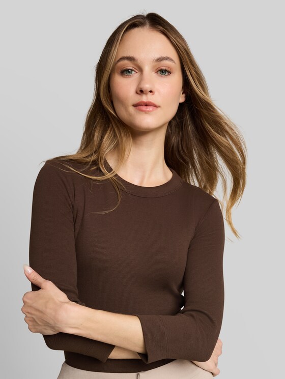 Slim-fit long-sleeved top with ribbed texture - cool dark brown