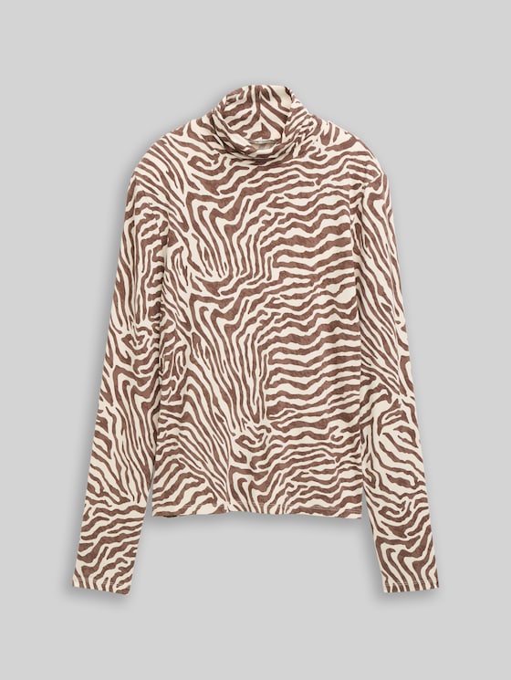 Patterned turtleneck top - brown beige zebra print