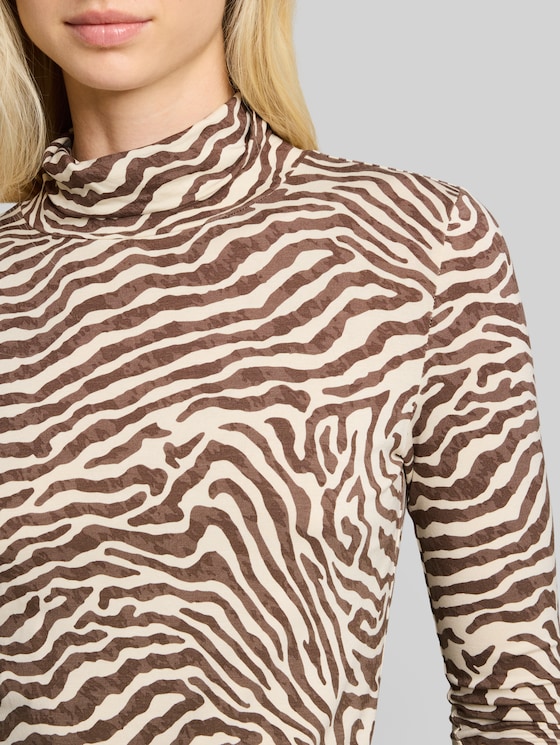 Patterned turtleneck top - brown beige zebra print