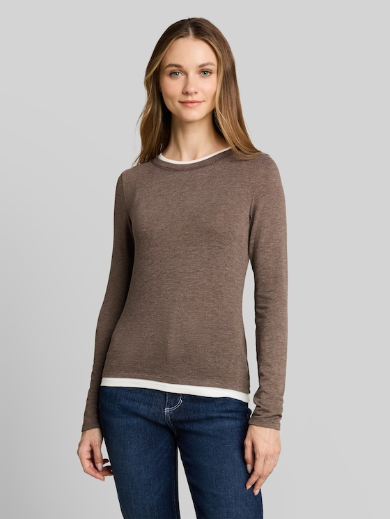 Cosy long-sleeved top with a 2-in-1 look - cool dark brown melange