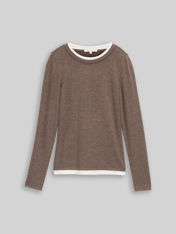 Cosy long-sleeved top with a 2-in-1 look - cool dark brown melange