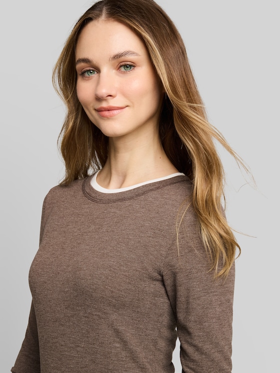 Cosy long-sleeved top with a 2-in-1 look - cool dark brown melange