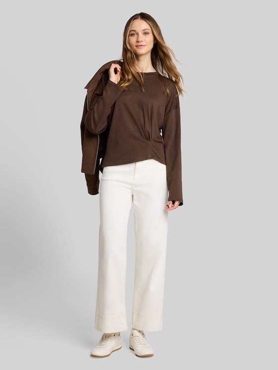 Loose-fit long-sleeved top with knot detail - cool dark brown