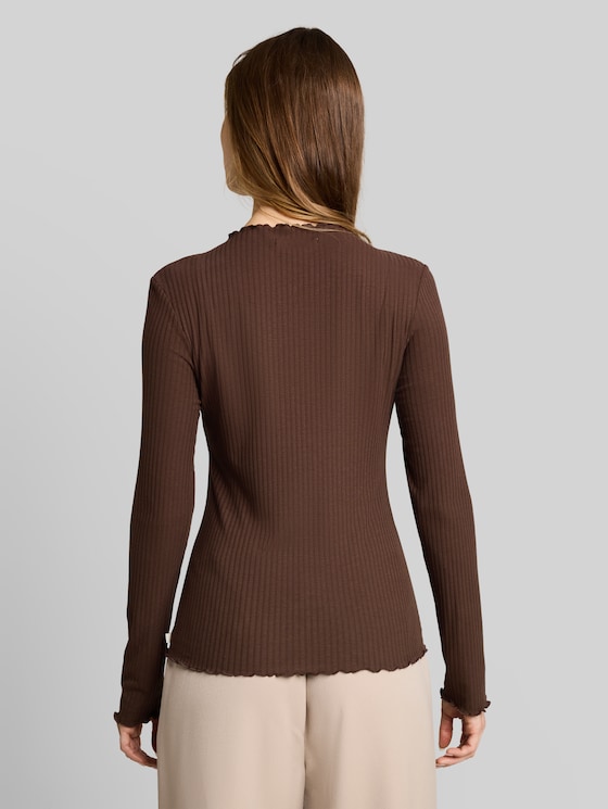 Long-sleeved T-shirt with ribbed texture - cool dark brown