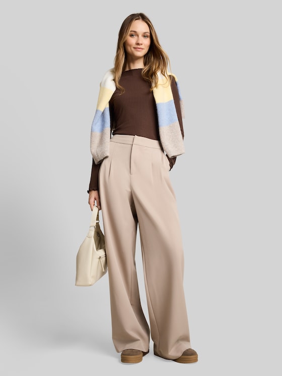 Long-sleeved T-shirt with ribbed texture - cool dark brown